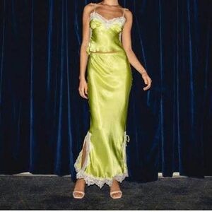 VRG GRL Chartreuse Green White Lace Trim Satin Lingerie Slip Maxi Skirt, Size 12